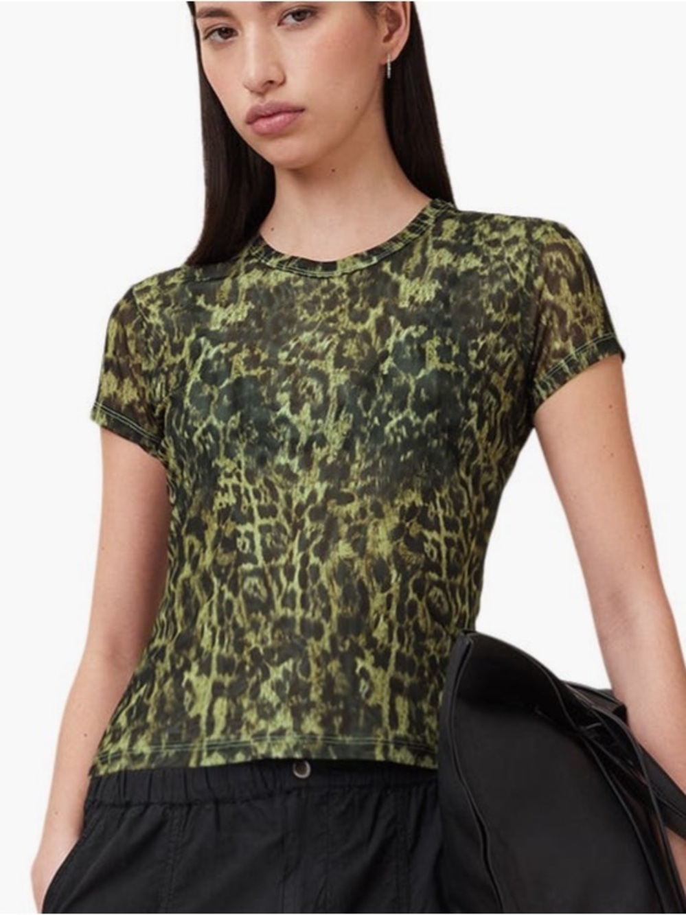 All Saints Ellie Mesh Green Leopard-Print Short Sleeve Tee US 2 NWT